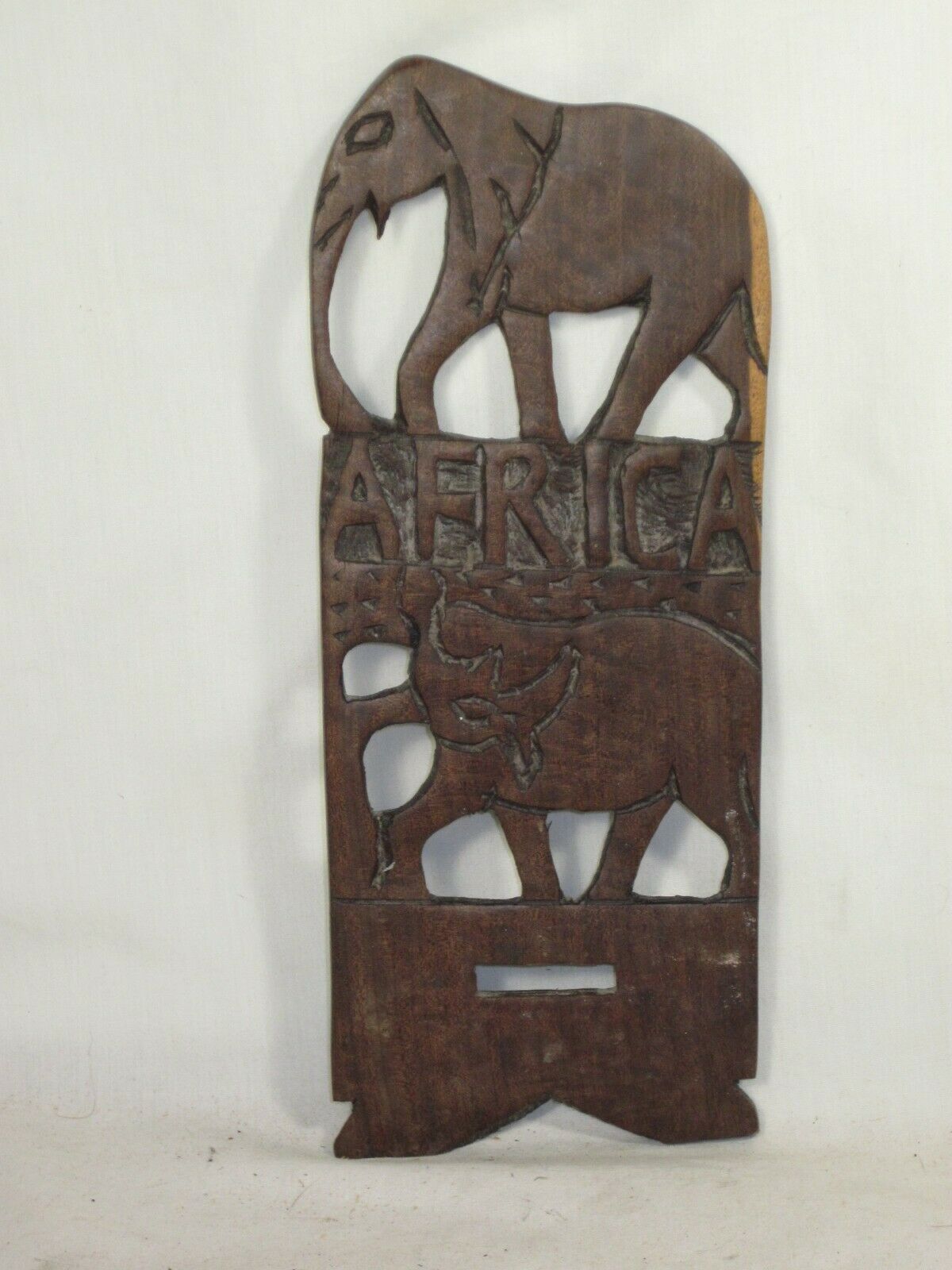 Vintage Carved Wooden Wood Africa Elephant Rhino Rhinoceros Detail Art Decor