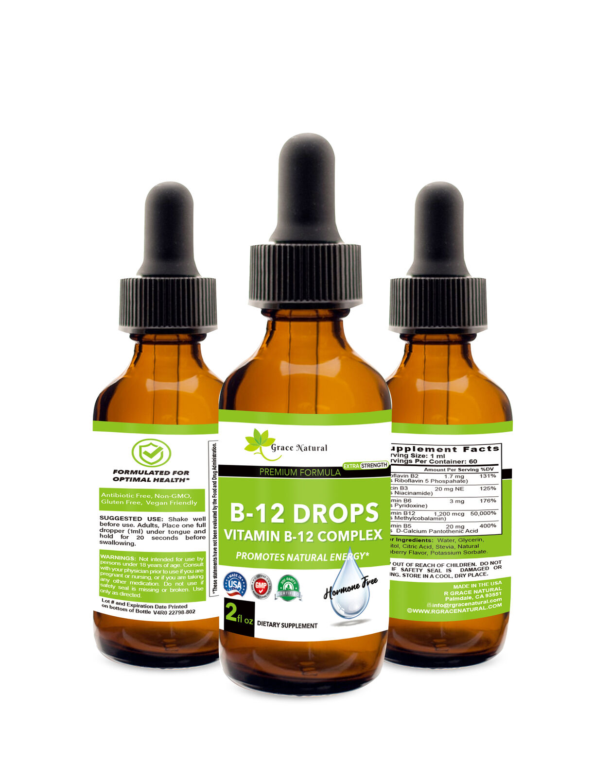 B-12 Drops Vitamin B-12 Complex Promotes Natural Energy 2oz Made In Usa