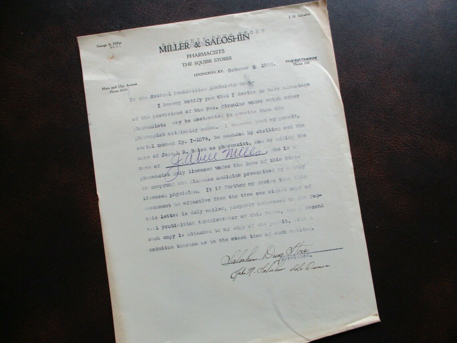 1926 Prohibition Signed Pharmacist Licensed To Dispense Meds,lexington,ky Letter