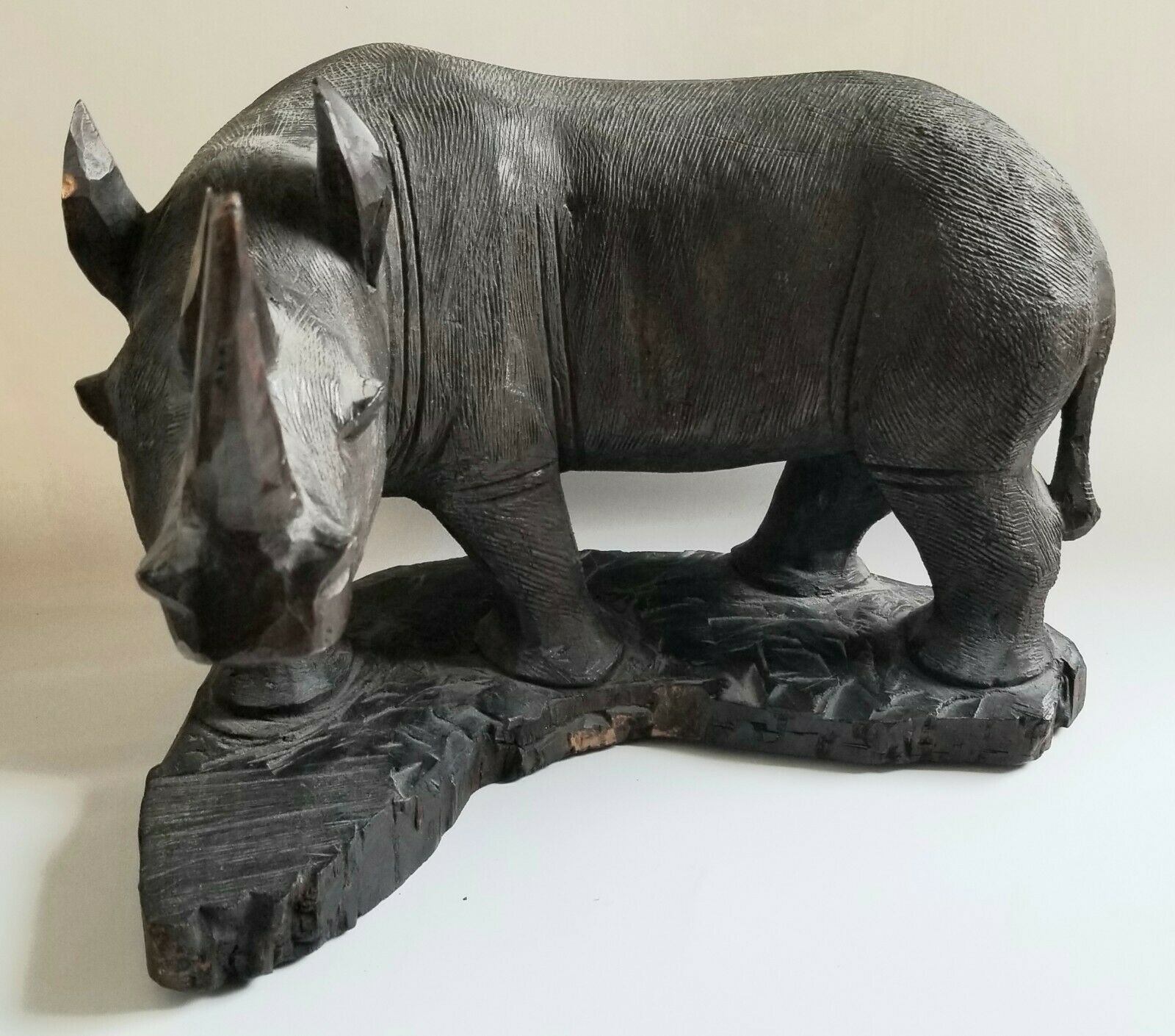 Vintage Large Hand Carved Dark Wood Sculpture Rhinoceros Rhino Figure 11"l
