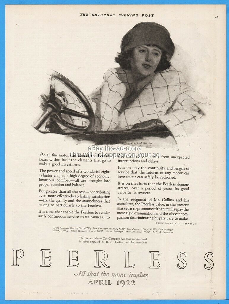 1922 Peerless Motor Car Pretty Woman Driving Hat Fashion Mcclelland Barclay Ad