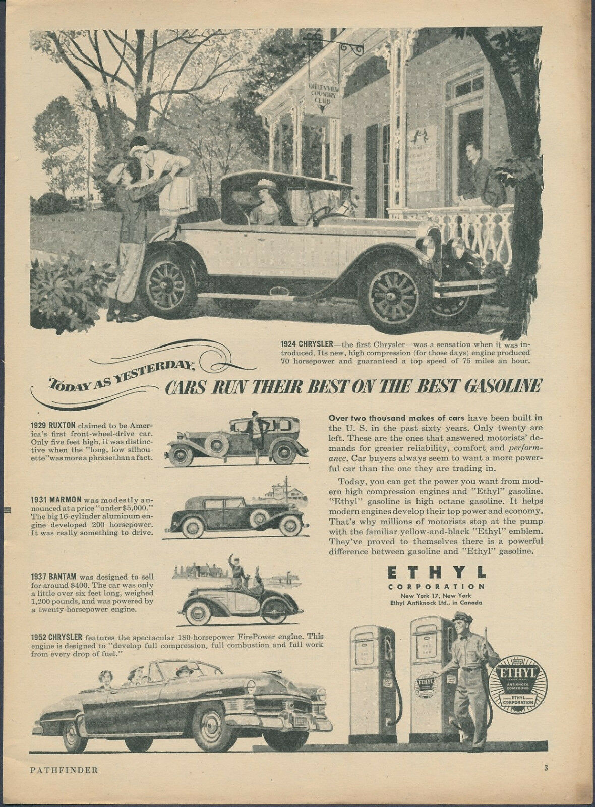 Ethyl Gasoline Vintage Magazine Ad August 1952 Petrolinia Chrysler Marmon Bantam