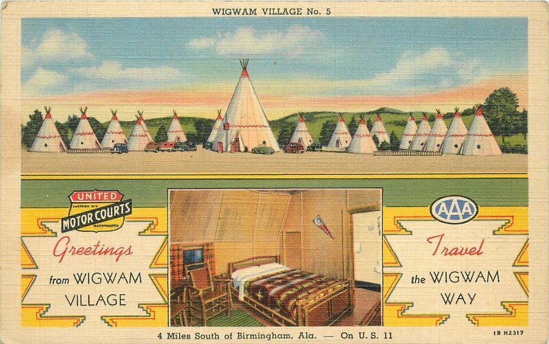 Birmingham Alabama Wigwam Village #5 Roadside Linen Postcard Interior 21-9464