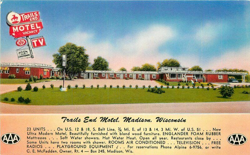 Madison Wisconsin Trails End Motel 1950s Fagan Roadside Postcard 21-8701